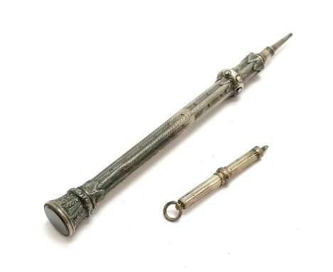 Antique unmarked silver Mordan propelling pencil with bloodstone seal end  (12cm extended) t/w small unmarked propelling penc