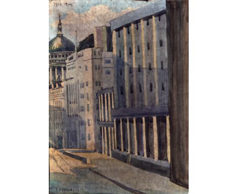 L S Lowry 1959 watercolour painting of London buildings inc St Pauls cathedral in distance - 38cm x 28cm ~ Laurence Stephen L