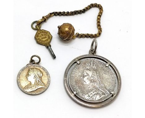 1889 QV crown coin in 917 silver pendant mount, 1897 QV diamond anniversary medallion, gilt metal fob decoration and Croydon 