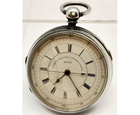 Chester silver 1880 patent Decimal Chronometer number 72187 inscribed on the inside, William Merrett 1900, crack to glass. 