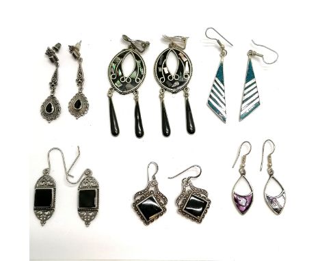 6 x pairs of silver stone set earrings inc 1 clip-on pair with mother of pearl detail (7cm) - total weight 42g 