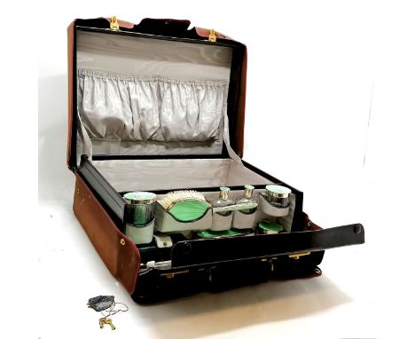 1933 Mappin &amp; Webb Ltd Art Deco leather case with original silver and green enamel fittings with original keys and origin