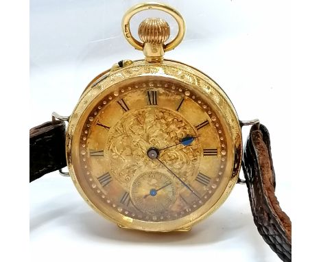 Antique 18ct hallmarked gold wristwatch (converted from a fob watch) - has gold inner dust plate &amp; 30mm case &amp; total 
