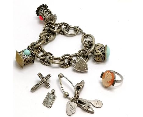 Antique unusual bracelet with lantern style charms &amp; hallmarked silver shield shaped locket t/w silver charms, unmarked s