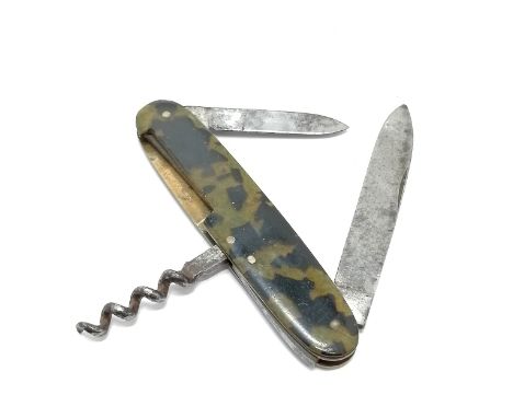 Unusual doubled bladed penknife with corkscrew &amp; faux tortoiseshell panels - total length 20cm ~ signs of wear but no obv