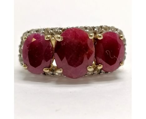 Silver gilt ruby &amp; white stone set ring - size Q &amp; 4.7g ~ 1 white stone missing 