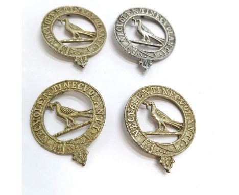 4 x clan badges (1 in unmarked silver) for Westby family ~ martlet holding 3 ears of wheat in beak with latin motto 'Nec vole