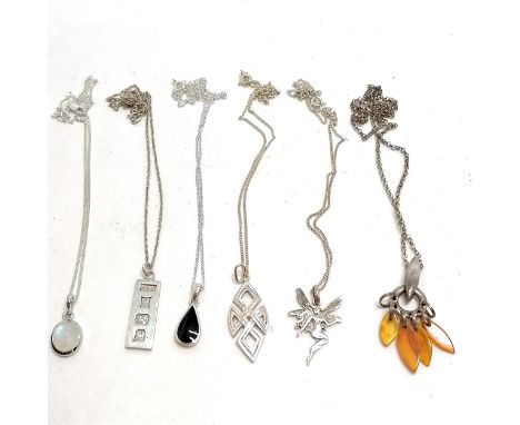 6 x silver pendants and necklaces (longest 50cm) inc ingot, fairy, celtic etc ~ total weight 28g 