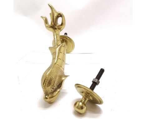 vintage brass door knocker and plate, in the form of a dolphin with makers mark  F Abela &amp; Sons Malta, 23.5 cm length. 