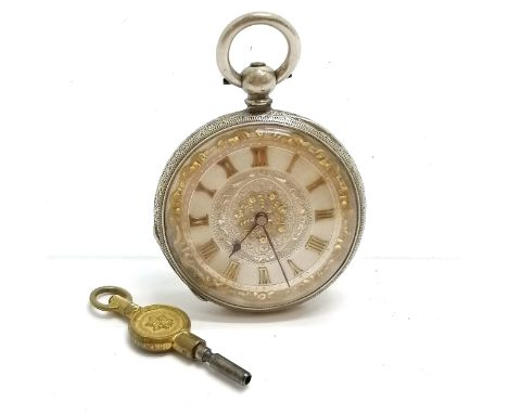 Antique silver cased fob watch with engraved case (34mm diameter) - has key and runs BUT WE CANNOT GUARANTEE THE TIMEKEEPING 
