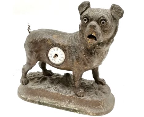 Antique spelter mantle clock of a Pug dog, with animated tongue &amp; wagging tail, replacement tail. runs but we cannot guar