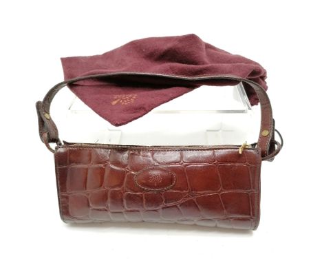 Vintage Mulberry crocodile pattern leather brown clutch bag, 25 cm length, 11 cm high, in good used condition with Mulberry s