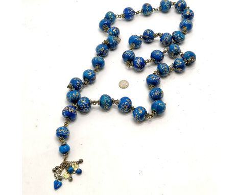 Large scale strand of blue &amp; gilt pottery prayer beads - 160cm with 20cm drop ~ slight loss to 1 bead 