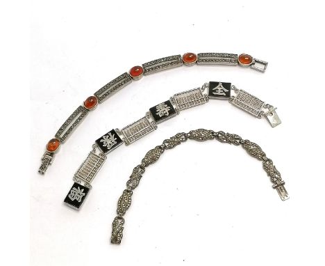 3 x silver bracelets ~ Made in Hong Kong with abacus beads &amp; black onyx with chinese character beads (19cm) &amp; 2 with 