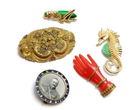 Antique portrait miniature pencil sketch of an officer in a paste set brooch (3.5cm diameter &amp; 1 stone missing) t/w Bouch