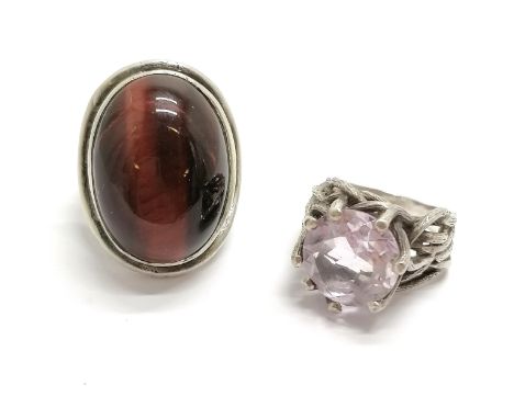 2 x 1970's silver hallmarked stone set rings inc Albion Craft Co - total weight (2) 25g ~ cabochon size N½ &amp; pink stone s