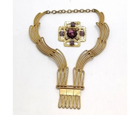 Unusual vintage gold tone collar &amp; large paste set brooch (7cm square) 