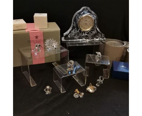 Swarovski crystal Seal, Hedgehog, duck etc, all with original packaging, t/w Stuart Crystal clock in original box etc. 