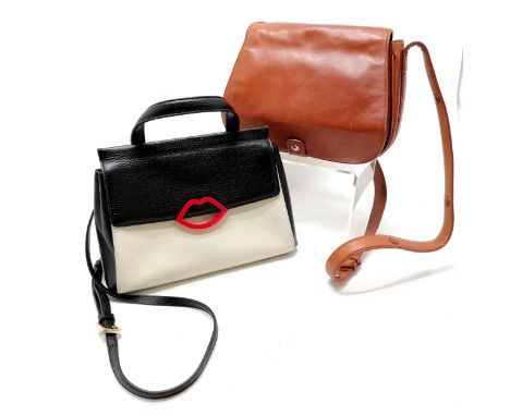 Vintage Lulu Guinness black and white leather handbag with red lips clasp, good condition, t/w Hobbs of London Tan leather ha