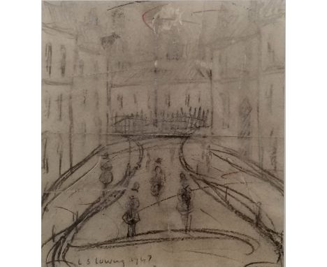 L S Lowry 1947 drawing of figures in a street between 2 buildings with railings / building/ lamp post in distance - 26cm x 34