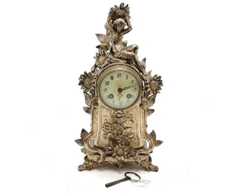 Antique Art Nouveau Fritz Marti French bell strike movement clock with silvered case &amp; enamel dial (with floral detail) -