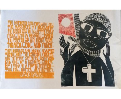 Paul Peter Piech (1920-96) signed 1998 lithograph with Jack Davis words against Aboriginal oppression - 51cm x 76cm - unframe