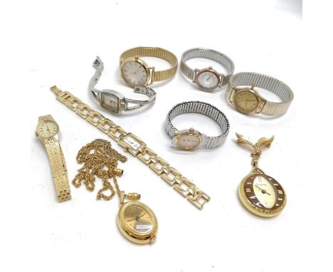 Vintage Lucerne manual wind pendant watch on 2 leaf detail suspending brooch - 8cm drop &amp; running t/w qty of mostly quart