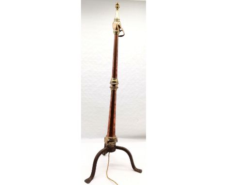 Antique copper and brass fire hose, repurposed as a floor lamp, 128 cm high. 