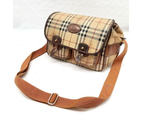 Vintage leather Burberry saddle/shooting bag with nova check &amp; EKD knight logo design. Used condition with some obvious s