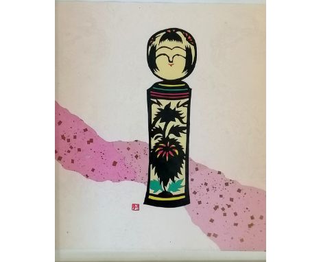 Tatsuo Miki (b.1904) mixed media picture inc paper cut-out of a Kokeshi doll - frame 35.5cm x 30.5cm 