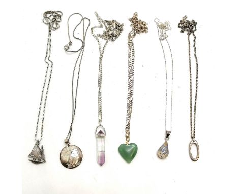 6 x pendants (3 silver) on silver chains (longest 52cm) inc real flowers, hardstone heart, mother of pearl set etc ~ total we