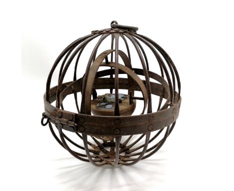 Vintage hand wrought ships style gimbal oil lamp with cast iron double burner - 22cm drop