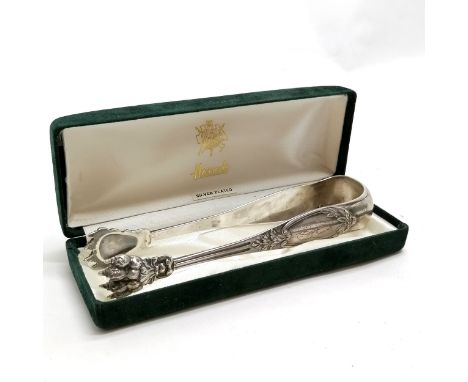 Antique silver plated tongs with bear claw design bowls - 14cm long in a Harrods retail box 