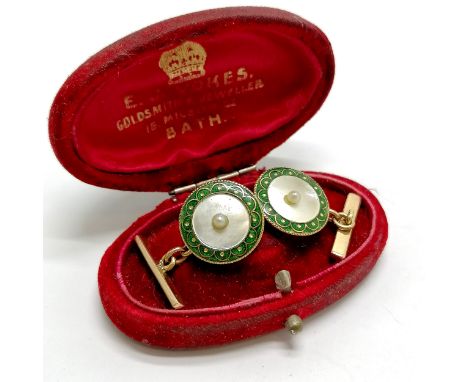 Antique pair of 18ct marked gold cufflinks with mother of pearl &amp; green enamel detail with central pearl in a E J Vokes (