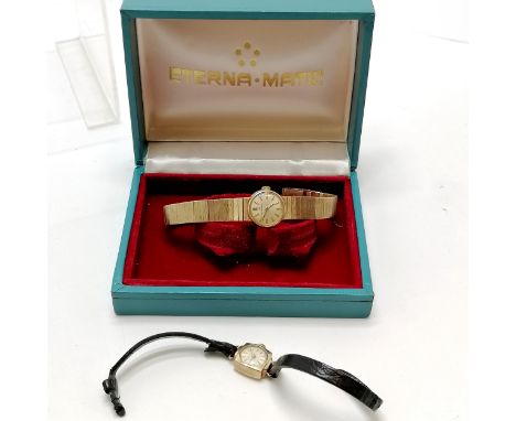 Eternamatic ladies 9ct gold wristwatch on integral gold strap (15cm &amp; 28.5g total weight) in original box t/w Accurist 9c