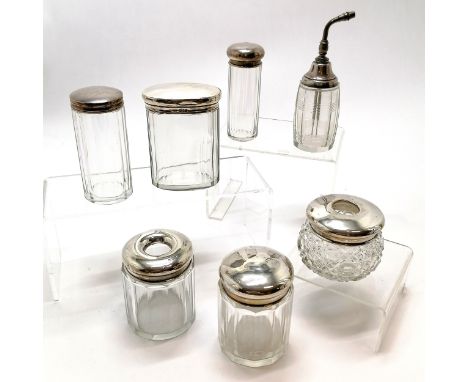 4 x silver topped jars (tallest 9.5cm), 2 x silver topped hair tidies / cotton wool holders &amp; silver mounted scent bottle