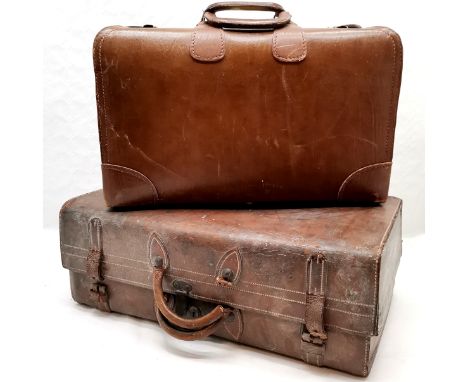 Vintage leather suitcase by Insall Maker Bristol, with blue &amp; white stripped interior, damaged handle and worn condition,