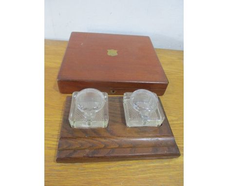 An oak inkwell along with a mahogany cutlery box