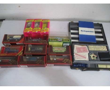 A small collection of diecast cars, backgammon set etc