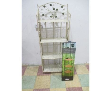 A decorative metal folding shelf unit along with one other