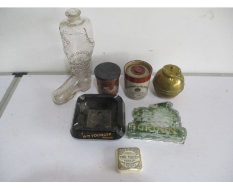 A collection of various items including a glass decanter in the form of a boot - no stopper, along with two blue stilton chee