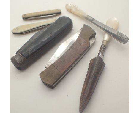 Two ivory bound fruit knives mother of pearl mounted tweezers etc ( six pieces in total )