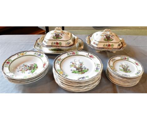 A COPELAND SPODE 'OLD BOW' PART DINNER SERVICE  comprising twelve dinner plates, twelve side plates, three large bowls, meat 