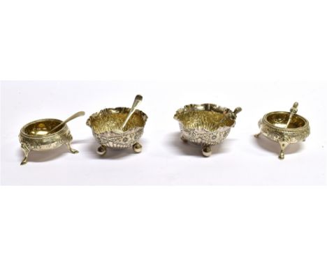 A PAIR OF VICTORIAN SILVER COULDRON SALTS AND SPOONS Of part fluted and floral decoration, with crimped border edges on three