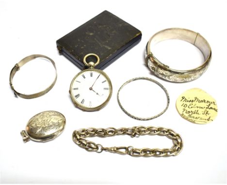A SMALL SILVER POCKET WATCH together with five items of silver jewellery, comprising a locket, two baby bangles, a large oval