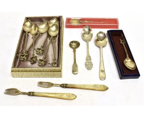 VARIOUS SILVER FLATWARE TO INCLUDE; A SILVER-GILT REPLICA ANOINTING SPOON in a case; a silver spoon pierced with a thistle; a