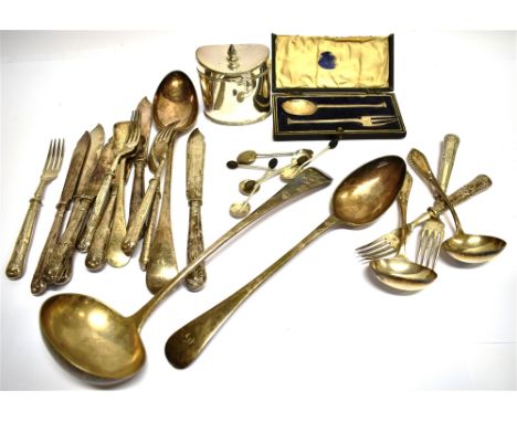 A BOXED SILVER CHRISTENING SPOON AND FORK  and a set of six silver coffee spoons, total weight approx. 2.5ozt, together with 