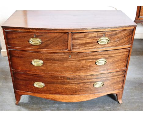 A MAHOGANY BOW FRONT CHEST OF TWO SHORT AND TWO LONG DRAWERS  on splayed bracket feet, 105cm wide 52cm deep 81cm high