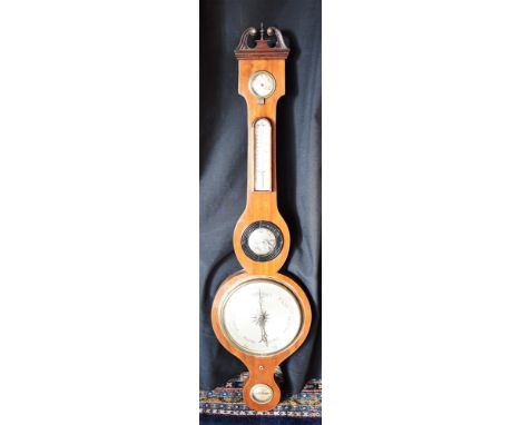 A VICTORIAN MAHOGANY BANJO BAROMETER/HYGROMETER/THERMOMETER  the silvered dial inscribed 'SELLMAN ST. LEANORDS ON SEA', 98cm 