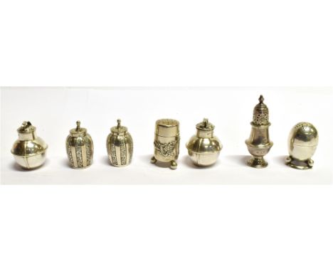 COLLECTION OF SMALL SILVER PEPPERETTES  comprising a pair of plain form with handle to top, stamped to base J. Walden jewelle